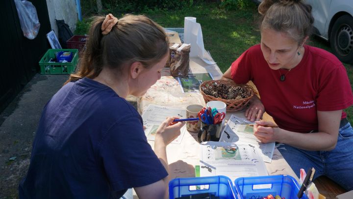 Die Umweltpraktikantinnen Ruth und Verena bereiten auf der Fledermausnacht das Quiz für die Kinder vor